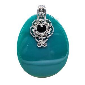 ATR Sterling Silver Green Onyx Pendant Oval Gemstone Signed 925